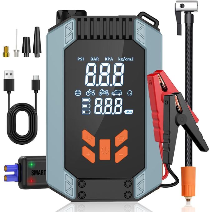 Smart 4 in 1 Jump Starter Kit-  Digital Car Jump starter with smart clamps, Air Compressor tire pump, Emergency light torch, Power bank with USB Port for Car, Motorcycle, Bike, Balloons, etc