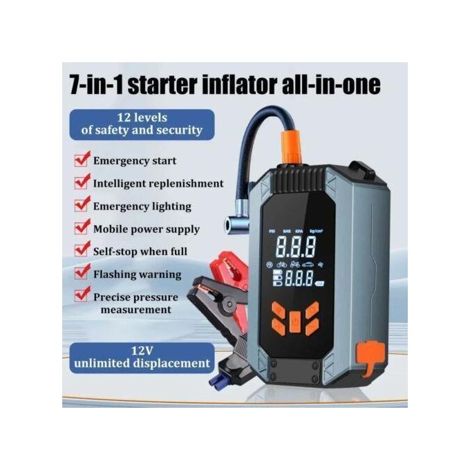 Smart 4 in 1 Jump Starter Kit-  Digital Car Jump starter with smart clamps, Air Compressor tire pump, Emergency light torch, Power bank with USB Port for Car, Motorcycle, Bike, Balloons, etc