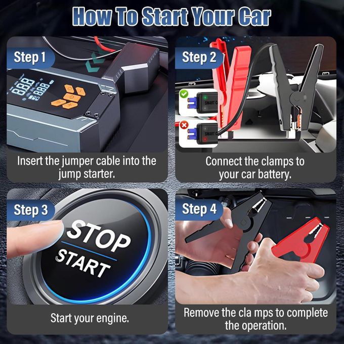 Smart 4 in 1 Jump Starter Kit-  Digital Car Jump starter with smart clamps, Air Compressor tire pump, Emergency light torch, Power bank with USB Port for Car, Motorcycle, Bike, Balloons, etc