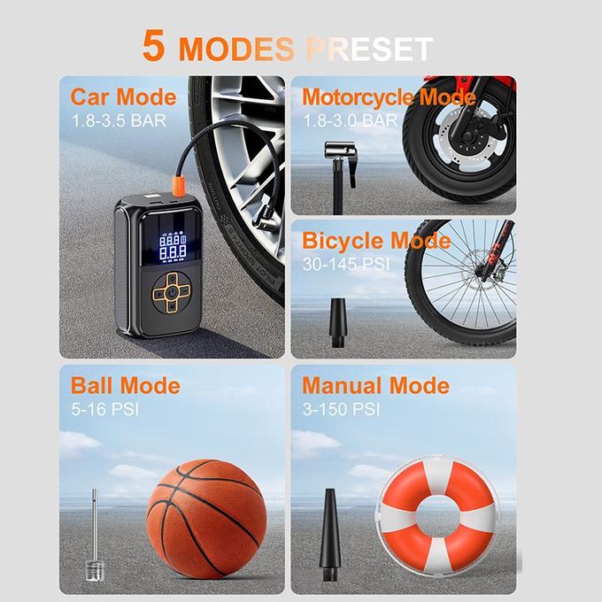 Multifunctional 3 in 1 Portable Car Air Pump - with Digital Tyre Air Compressor, Emergency light, phone power bank. Wireless Tire Inflator, 150 PSI Tyre Air Pressure Pump Car, type C charging