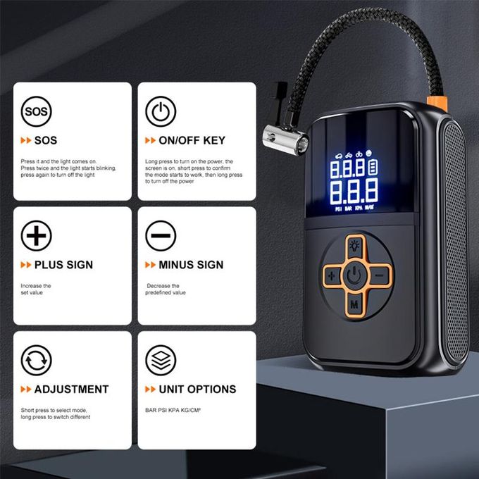 Multifunctional 3 in 1 Portable Car Air Pump - with Digital Tyre Air Compressor, Emergency light, phone power bank. Wireless Tire Inflator, 150 PSI Tyre Air Pressure Pump Car, type C charging