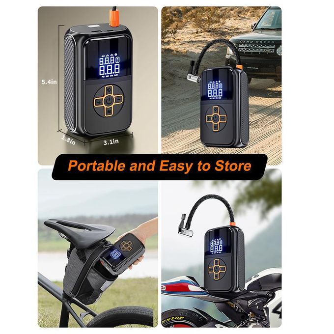 Multifunctional 3 in 1 Portable Car Air Pump - with Digital Tyre Air Compressor, Emergency light, phone power bank. Wireless Tire Inflator, 150 PSI Tyre Air Pressure Pump Car, type C charging
