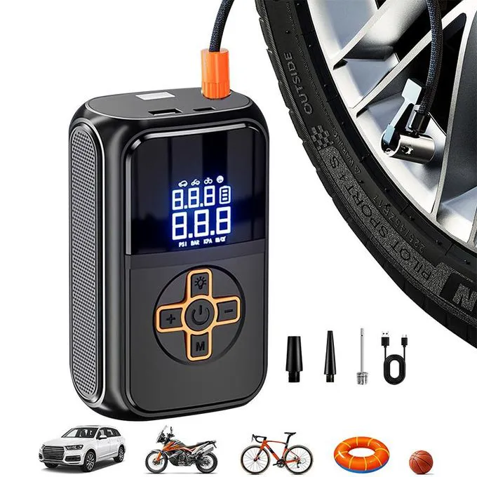 Multifunctional 3 in 1 Portable Car Air Pump - with Digital Tyre Air Compressor, Emergency light, phone power bank. Wireless Tire Inflator, 150 PSI Tyre Air Pressure Pump Car, type C charging