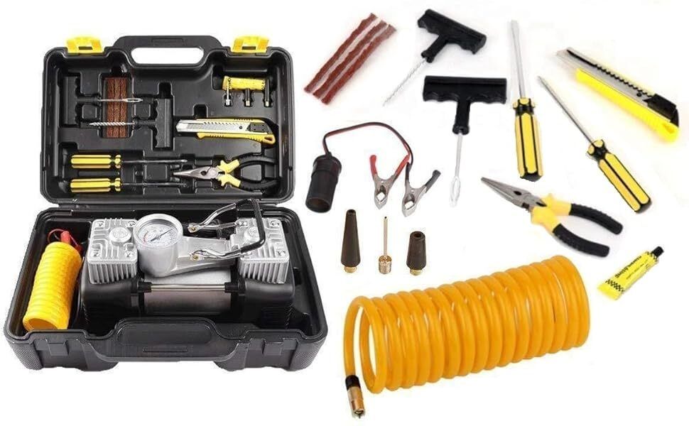 Portable double cylinder Air Compressor Tire Pump with Tool Kit,Tyre Pressure Gauge,  Tire Inflator, Heavy Duty for Car, Truck, Bicycle and Inflatable  with tire Puncture Repair kit, storage box