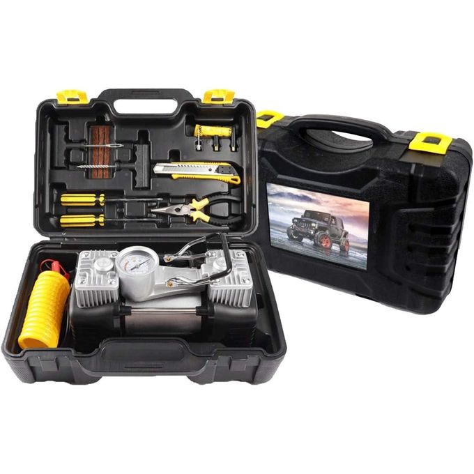 Portable double cylinder Air Compressor Tire Pump with Tool Kit,Tyre Pressure Gauge,  Tire Inflator, Heavy Duty for Car, Truck, Bicycle and Inflatable  with tire Puncture Repair kit, storage box