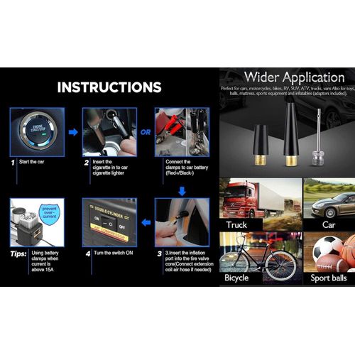Portable double cylinder Air Compressor Tire Pump with Tool Kit,Tyre Pressure Gauge,  Tire Inflator, Heavy Duty for Car, Truck, Bicycle and Inflatable  with tire Puncture Repair kit, storage box