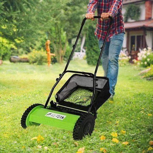 16 inch Manual Push Mower,Hand Push Lawnmower, Adjustable Cutting Height,Walk-Behind Lawn Mowers with Grass Catcher Bag for Green Lawns, Driveways, Courtyards