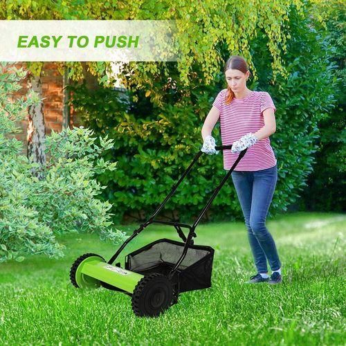 16 inch Manual Push Mower,Hand Push Lawnmower, Adjustable Cutting Height,Walk-Behind Lawn Mowers with Grass Catcher Bag for Green Lawns, Driveways, Courtyards