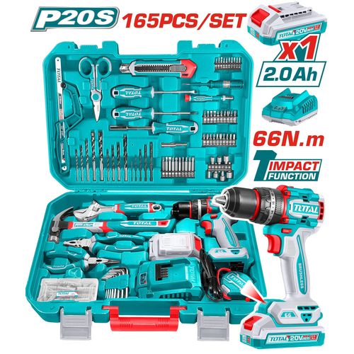 TOTAL Cordless Drill Tool Box Set , 165 Piece Tool Set With Electric Hand Drill, Professional Power Tool Kit For Home, Electric Screwdriver Tool Box Set For Garden Office House Furniture Repair