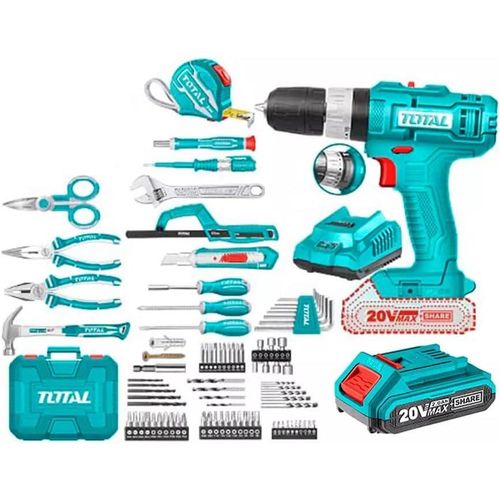 TOTAL Cordless Drill Tool Box Set , 165 Piece Tool Set With Electric Hand Drill, Professional Power Tool Kit For Home, Electric Screwdriver Tool Box Set For Garden Office House Furniture Repair