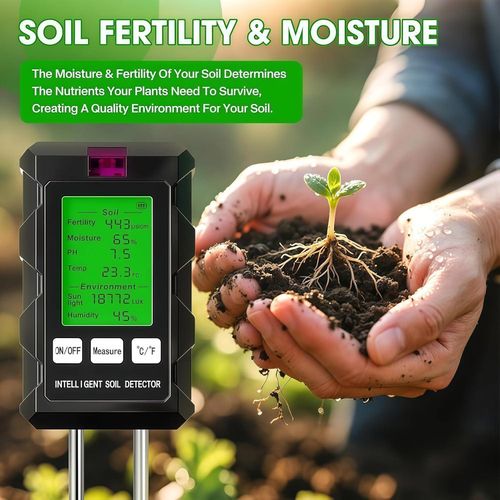 6 in 1 Soil pH Meter Moisture Meter for Plants with Soil Moisture, pH, Temperature, Fertility, Light Intensity, Ambient Humidity Soil Tester for Gardening, Plants, Farming-Multi-Function Tester