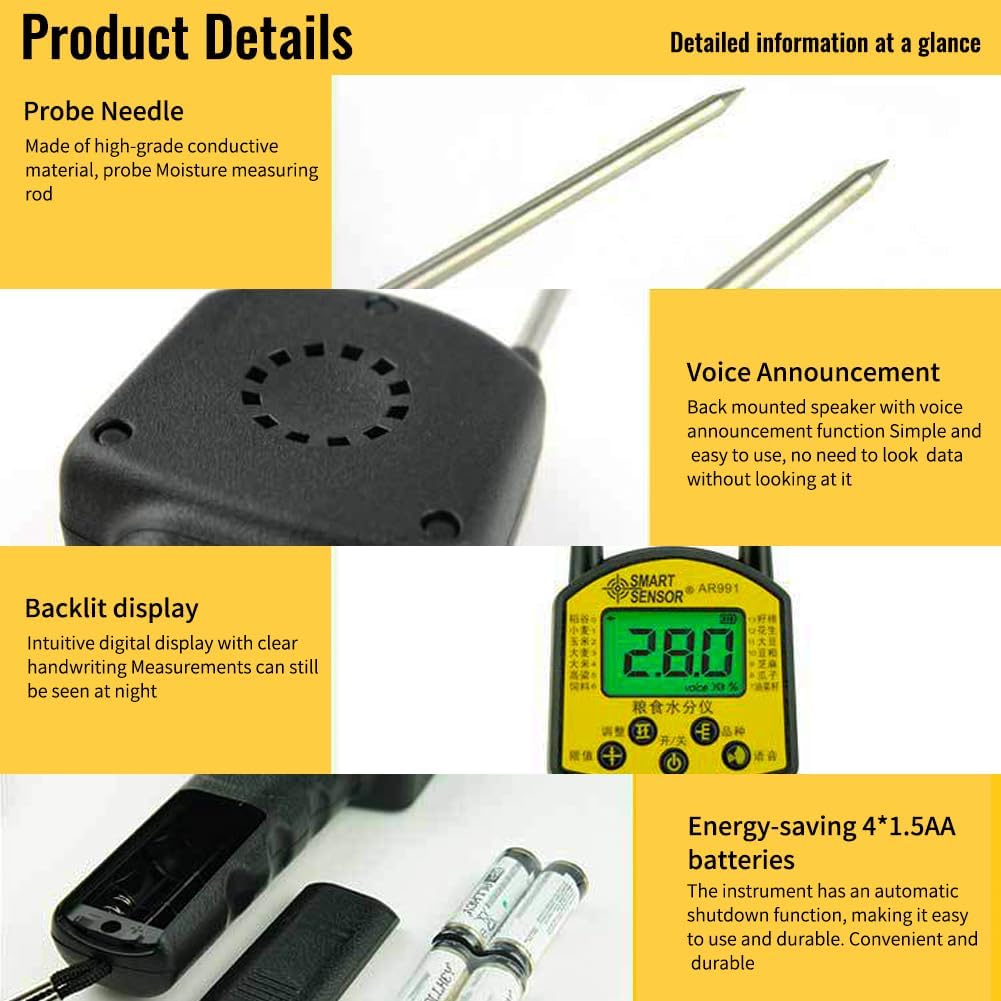 Smart Sensor/grain moisture meter AR991 Digital LCD Grain Humidity Meter with High Precision Probe, Ergonomic Design for Wheat Corn Rice Peanut Soy Bean, convenient Grain Moisture Tester