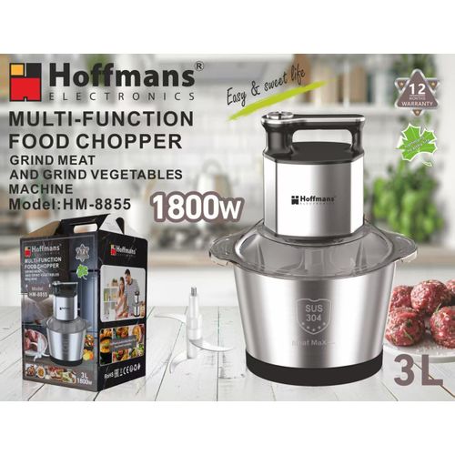 Hoffmans Powerful Multi-Function Food Chopper/processor/grinder – 3.0L Stainless Steel Bowl & 4 Blades, Easy-to-Clean Meat Blender & Mincer, Food Processor for Meat, Vegetables & More-1800W