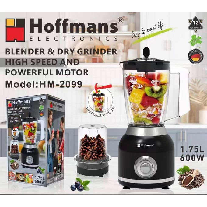 Hoffmans 600W 2-in-1 Blender and dry grinder high speed and powerful motor 1.75 L Unbreakable PC Jar, 3 Speeds, Stainless Blades, Easy To Clean Detachable Parts, Perfect for Blending and Grinding