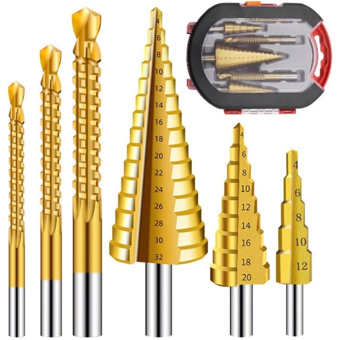 Quality 6 Pcs Titanium Coated Step Drill Bits Set, 3 Sizes of Step Drill and 3 Sizes of Twist Drilling Bits, Durable Metal and Wood Drilling Kit, for Metalworking, Woodworking