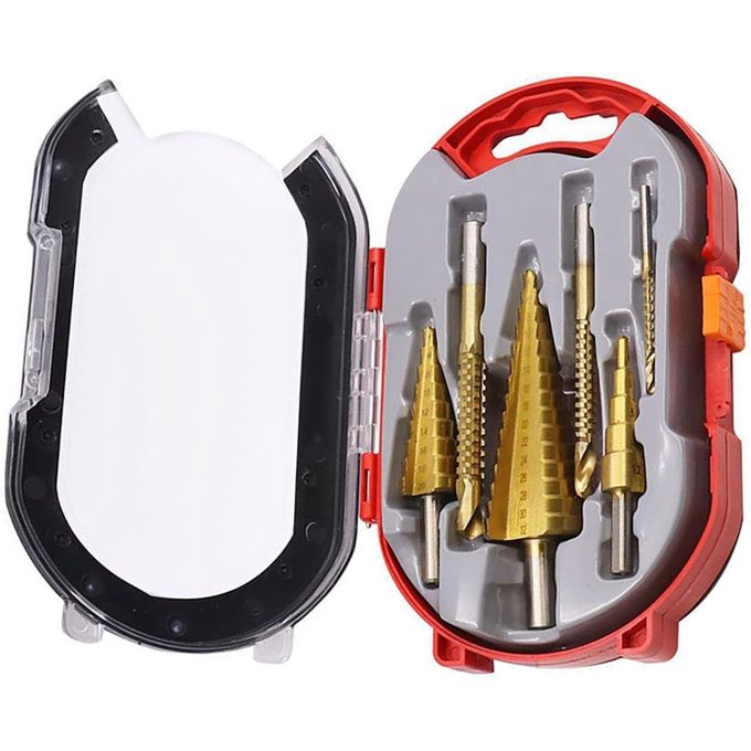 Quality 6 Pcs Titanium Coated Step Drill Bits Set, 3 Sizes of Step Drill and 3 Sizes of Twist Drilling Bits, Durable Metal and Wood Drilling Kit, for Metalworking, Woodworking