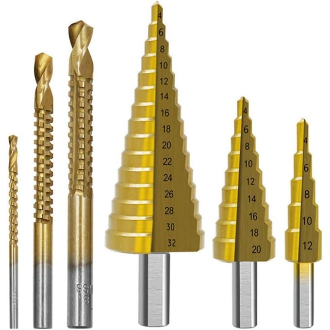 Quality 6 Pcs Titanium Coated Step Drill Bits Set, 3 Sizes of Step Drill and 3 Sizes of Twist Drilling Bits, Durable Metal and Wood Drilling Kit, for Metalworking, Woodworking