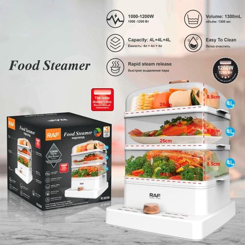 RAF Electric Food Steamer, 1200W Fast Heating with 3 Tiers Stackable Basket, 12L(4.0L each) Large Capacity Simultaneous Cooking for Vegetables, Meats, Grains, Auto Shutoff & Anti-dry Protection