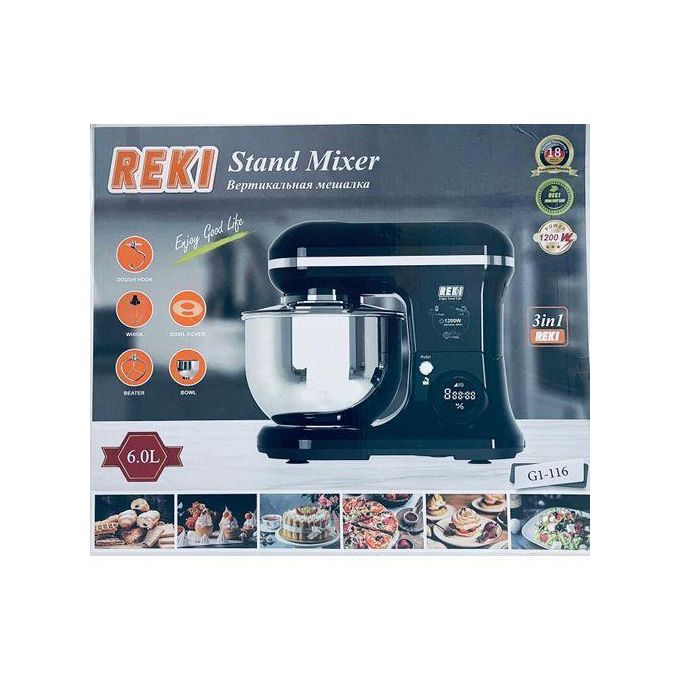 REKI 3-In-1 Stand mixer, 1200W 6L Stand Mixer, Tilt-Head Electric Stand Mixer, Kitchen Mixer with Bowl, Dough Hook, Whisk and Beater, Food Mixer for Baking, Cake and Most Home Cooks,