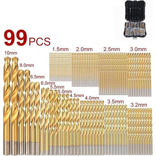99 Pcs Titanium Coated Drill Bit Set, 135 Degree Tip HSS Drill Bits Kit for Steel, Aluminum, Copper, Soft Alloy Steel, Wood, Plastic