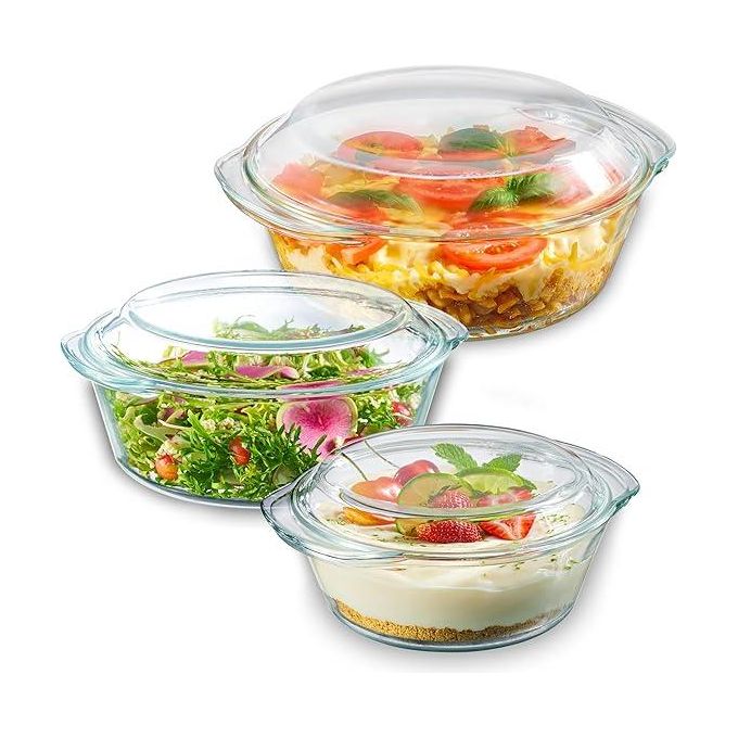 Signature Casserole Dish Set, Set of 3 Casserole Dish with Lid, Round Glass Cookware, Borosilicate Glass