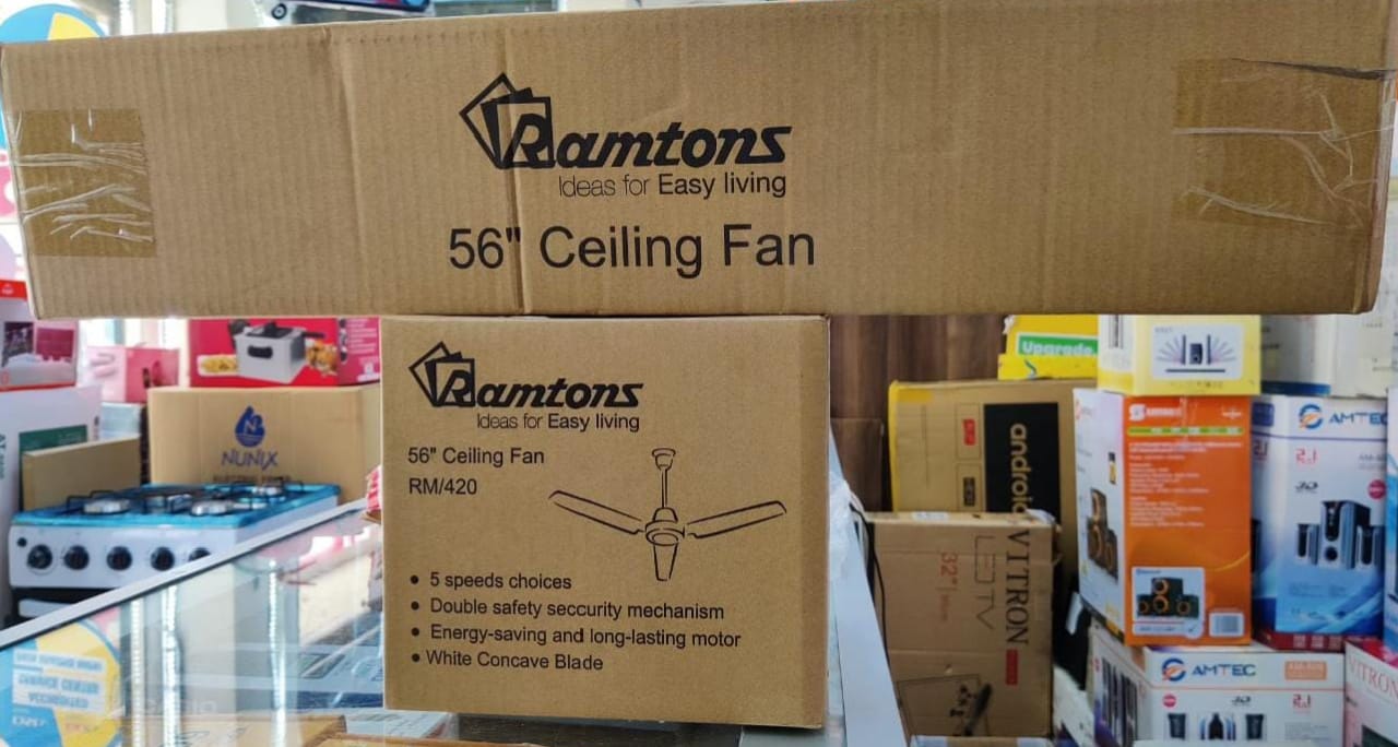 RAMTON'S 56 INCHES CEILING FAN - 5 Speed Choices , Double safety security mechanism, Energy saving and long lasting motor , White concave blade