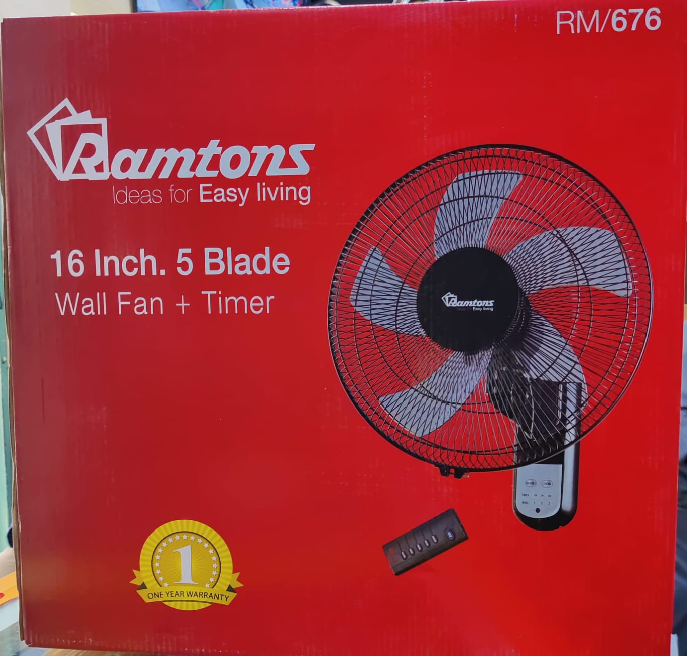 RM/676 Ramtons 16 Inches Wall Fan 5 Blades with Remote - Remote control, 3 fan speeds, 7.0-hour timer, 90 Degree Oscillation, 5 Blade