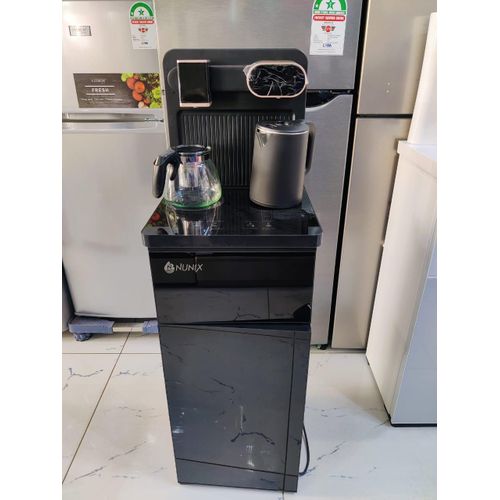 Black and silver Nunix A1C Bottom Load Hot And Cold Water Dispenser - Smarter and Stronger,Automatic Kettle Filling,Two free electric Kettles, Water Container cabinet at the bottom,Overheat Protection