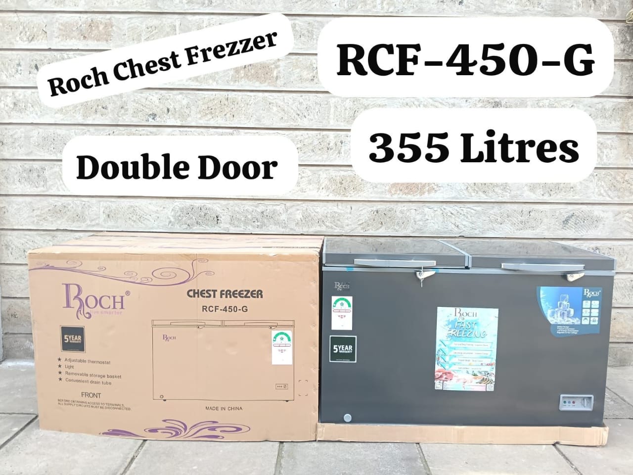 ROCH 355 Litres Chest Freezer (RCF-450-G) – Sliding Glass Door, Cool Pack, Lock & Key, Energy-Saving Deep Freezer