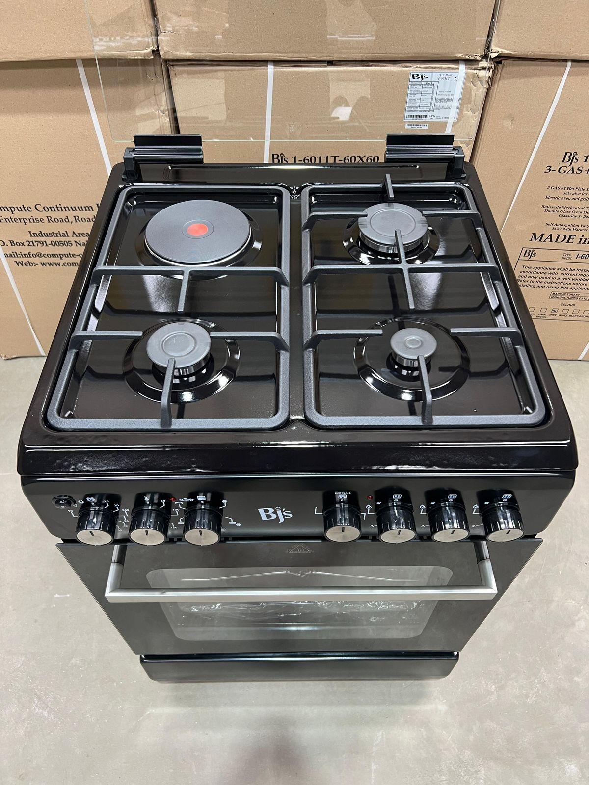 BJS (BJS I-6011T) 3 Gas + 1 Electric Standing Cooker, 60*60 Cm,  Turbo-FAN Technology – For faster, even cooking, Heavy-Duty Cast Iron Pan Supports.