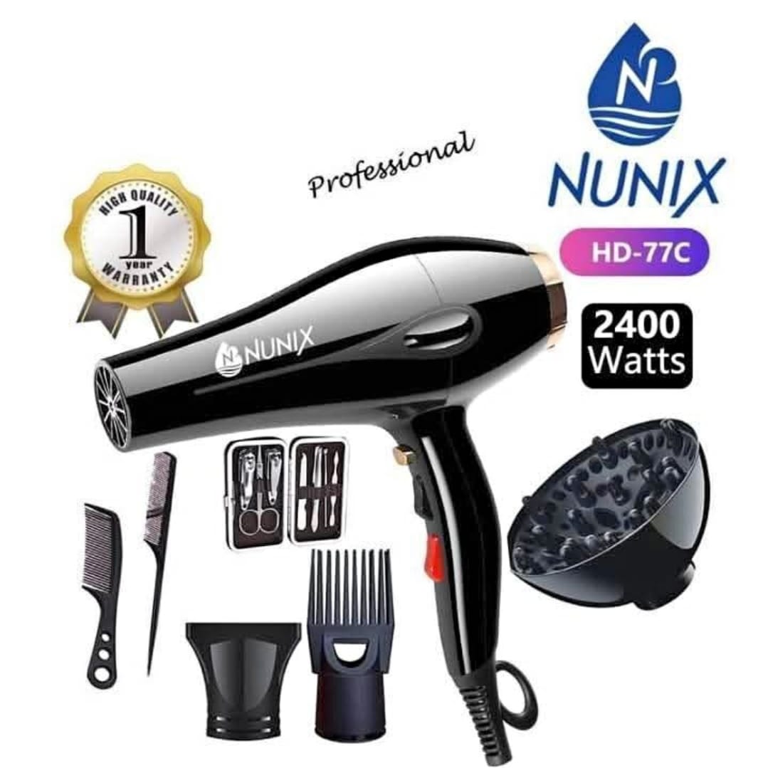 Nunix HD-77C Commercial Hair Dryer - Featuring a high-performance 2200W motor, it delivers strong airflow for quick drying and smooth finishes, With two speed and three heat settings.