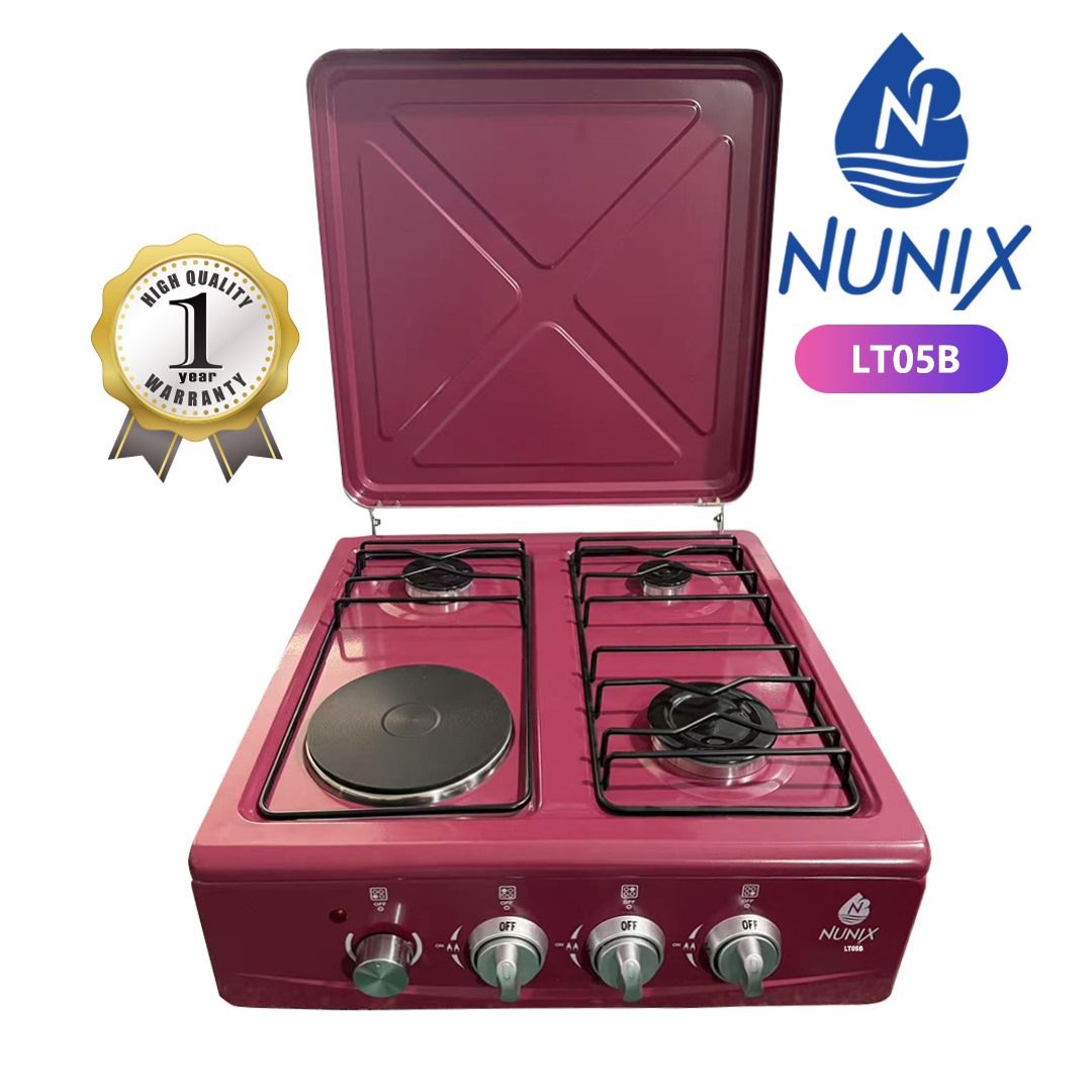 Nunix Table Top Cooker 3 Gas + 1 Electric Burner Stove - 4 Gas Burners, Table Top Cooker, Metallic Lid, Metallic grey, Easy to clean, Automatic ignition, Uniform flame.