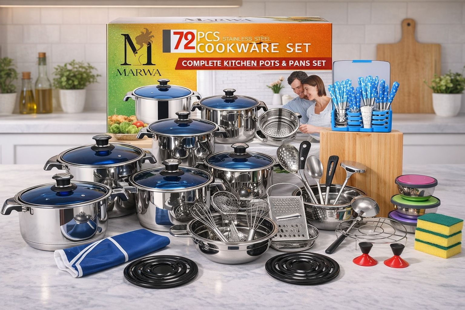 {LIMITED OFFER !!!} Marwa 72PCS Stainless Steel Cookware Set – Full Kitchen Upgrade | German Tech | Induction Base, Perfect for weddings, gifts & new homes, Heavy-duty, complete set with glass lids.