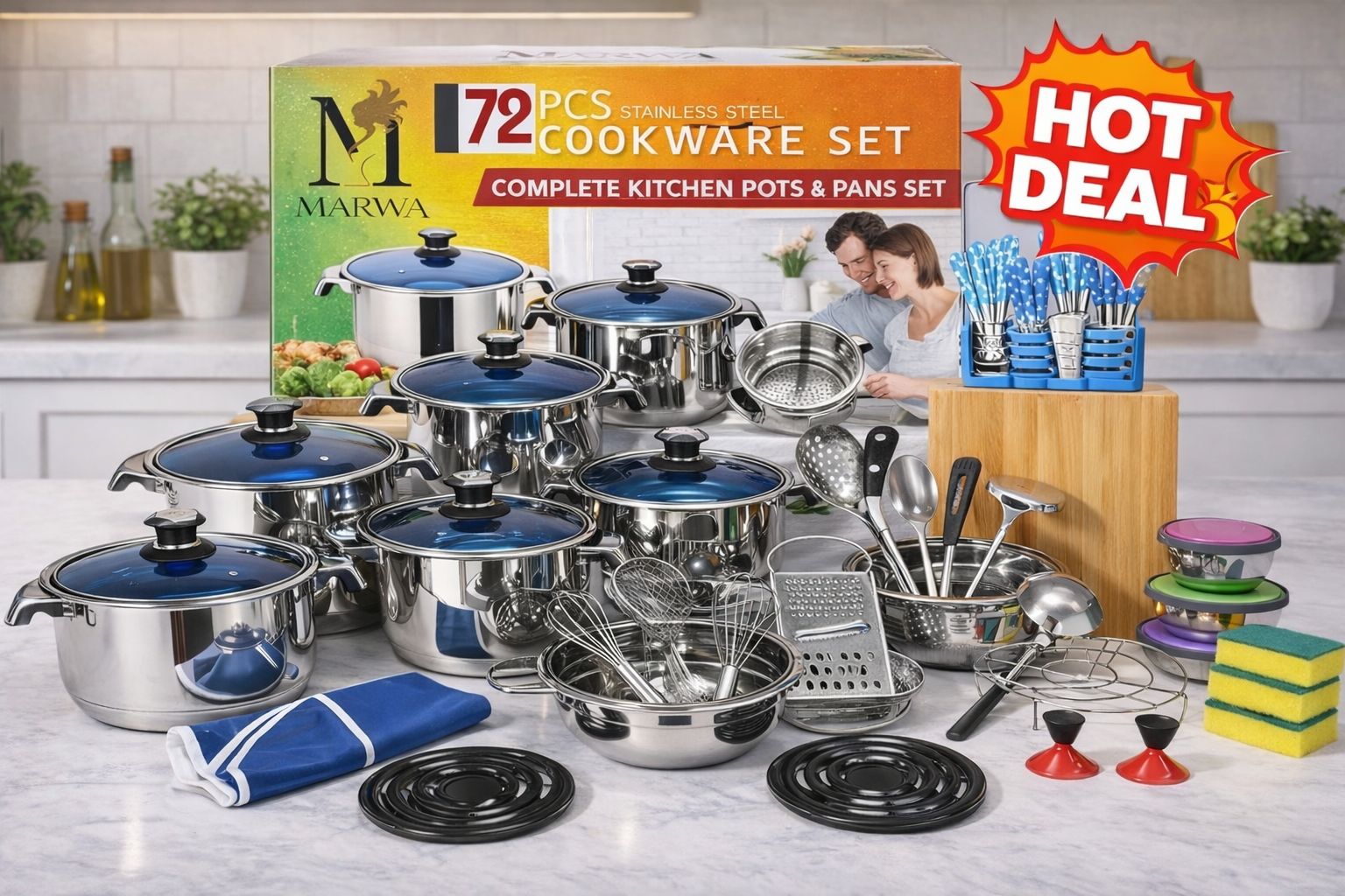 {LIMITED OFFER !!!} Marwa 72PCS Stainless Steel Cookware Set – Full Kitchen Upgrade | German Tech | Induction Base, Perfect for weddings, gifts & new homes, Heavy-duty, complete set with glass lids.
