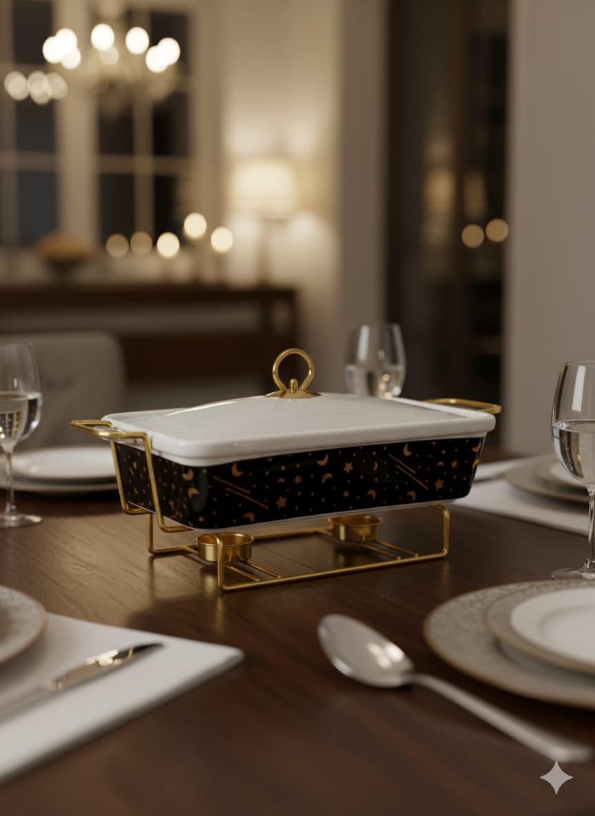 CHAFFING DISH FOR HOME| Black Moon Star Medium Chafing Dish – Ceramic Serving Dish (23cm x 6.7cm), Ideal for home dining, parties, and special occasions, Order now and elevate your dining presentation