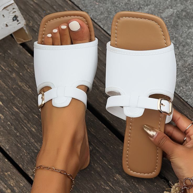 Women's Roman toe open loop flat genuine leather soft and breathable sandals for women cut out slide sandals elegant