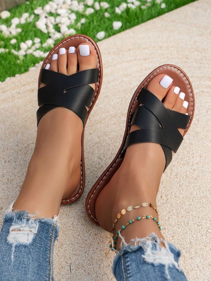 Beach lady Women's pure leathers open loop flat genuine leather soft and breathable sandals for women cut out slide sandals elegant