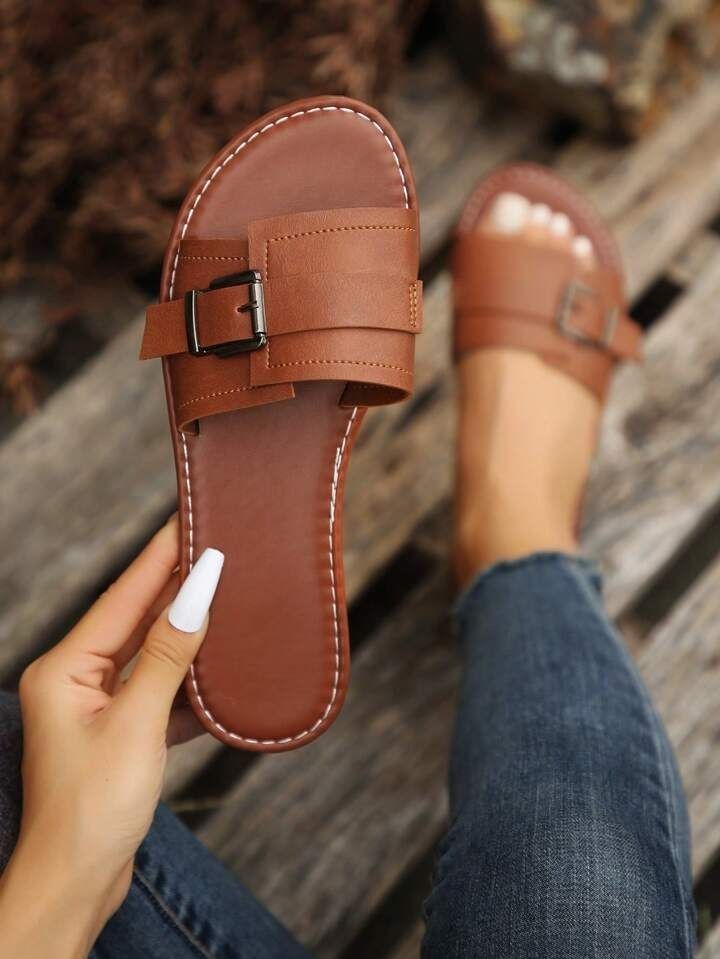 Genuine leather Soft and supple flat sandals for warm weather women's flat sandals solid color open ladies sandals genuine leather