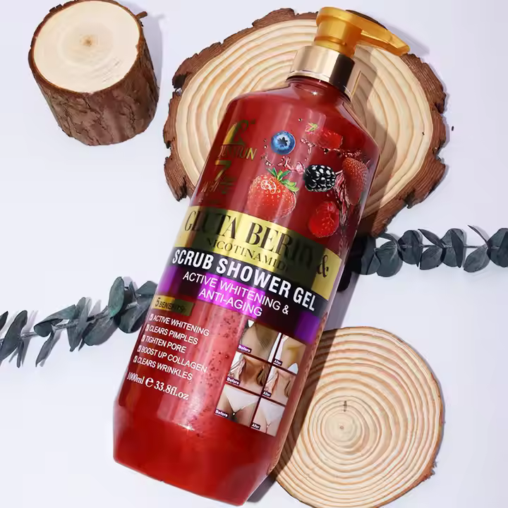 ROUSHUN Gluta Berry Scrub Shower Gel 1000ml Clean Skin Moisten Water Replenishing Long Lasting Fragrance Whitening Bubble Exfoliator Firms, Brightens, Moisturizes, Fade Dark Spots, Lightens 1000ml