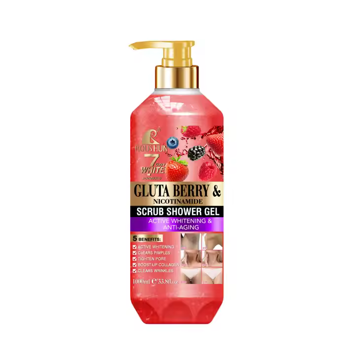 ROUSHUN Gluta Berry Scrub Shower Gel 1000ml Clean Skin Moisten Water Replenishing Long Lasting Fragrance Whitening Bubble Exfoliator Firms, Brightens, Moisturizes, Fade Dark Spots, Lightens 1000ml