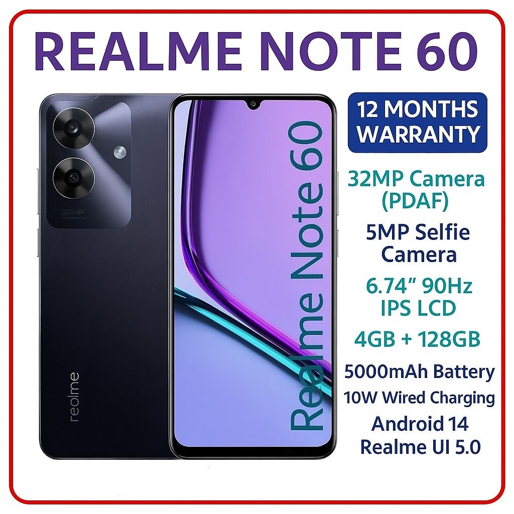 New Arrival Realme Note 60 128GB ROM +8(4+4)GB RAM 6.74" 90Hz 32MP AI Camera IP64 Dust Water Proof 5000mAh Ultra Slim Android 14 Dual SIM Smart Phones Side Fingerprint phone
