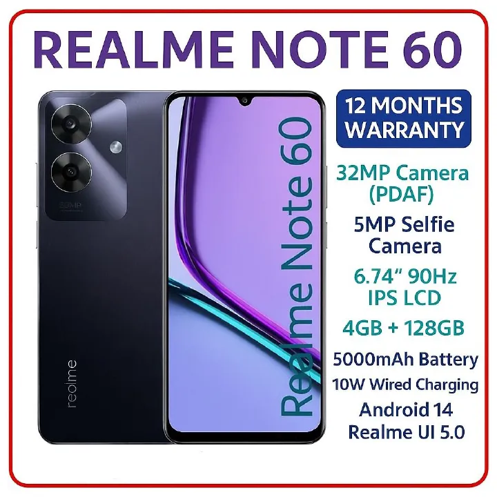 New Arrival Realme Note 60 128GB ROM +8(4+4)GB RAM 6.74" 90Hz 32MP AI Camera IP64 Dust Water Proof 5000mAh Ultra Slim Android 14 Dual SIM Smart Phones Side Fingerprint phone