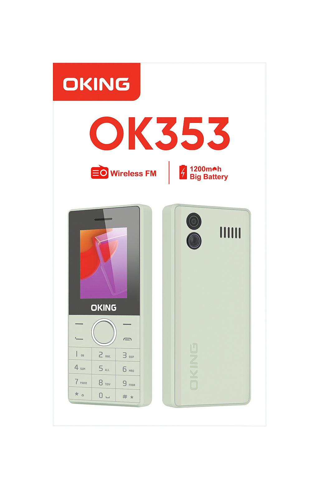 Oking OK353 1.77 INCH Display 1200mAH battery, bright flashlight, Vibration, Wireless FM with big buttons and Rear Camera FEATURE PHONE!!!