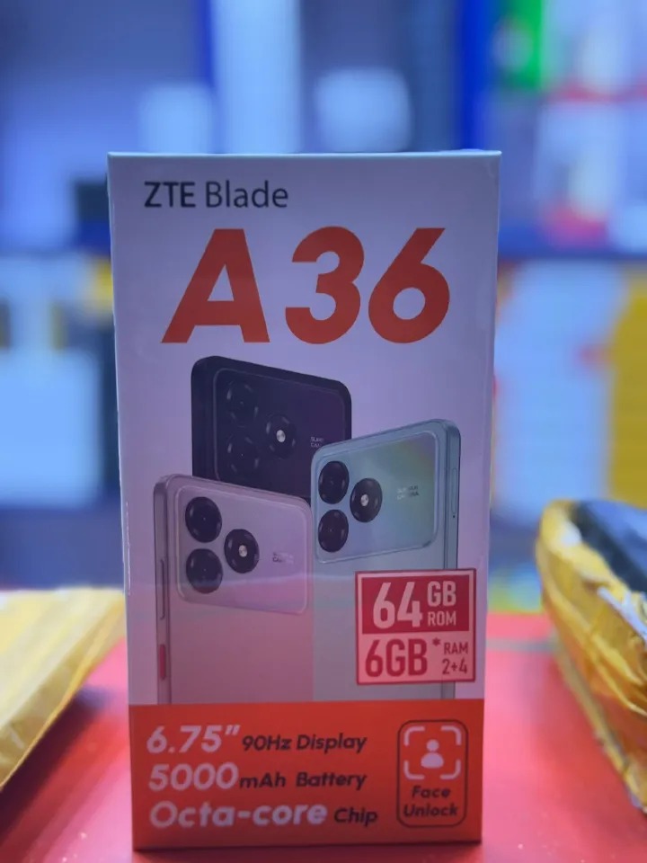 ZTE Blade A36 64GB ROM + 6GB (2+4GB EXTENDED RAM)6.75``HD+ screen display with 90Hz Refresh rate 13mp rear camera 5.0mp selfie 5000mAh battery capacity Dual SIM 4G Android 15 Smart Phones