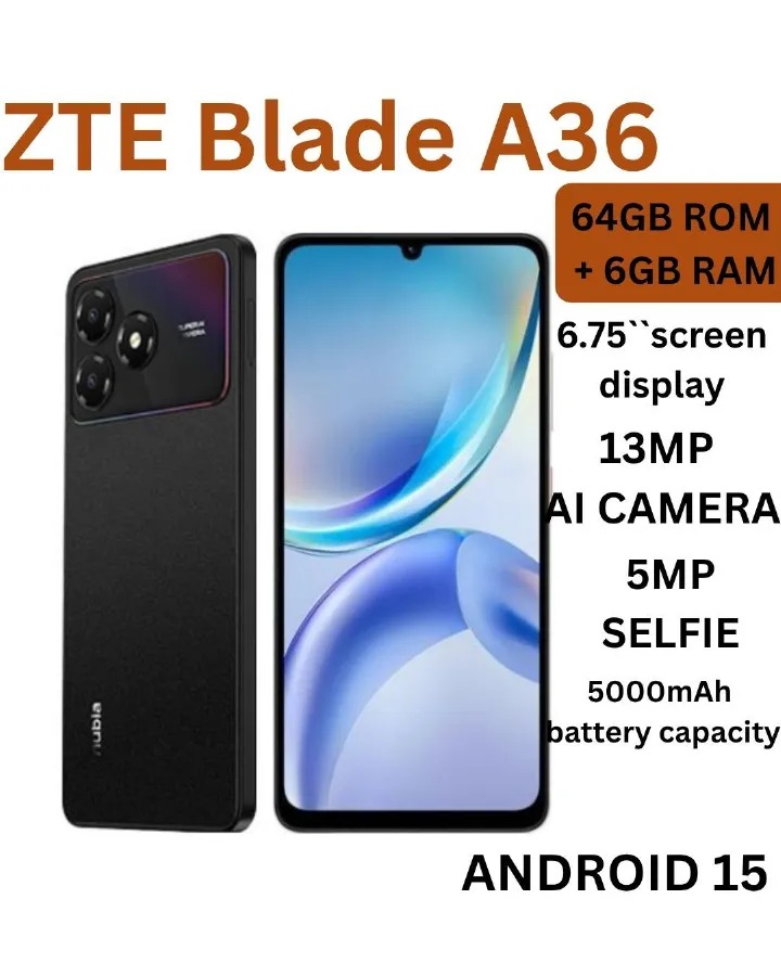 ZTE Blade A36 64GB ROM + 6GB (2+4GB EXTENDED RAM)6.75``HD+ screen display with 90Hz Refresh rate 13mp rear camera 5.0mp selfie 5000mAh battery capacity Dual SIM 4G Android 15 Smart Phones