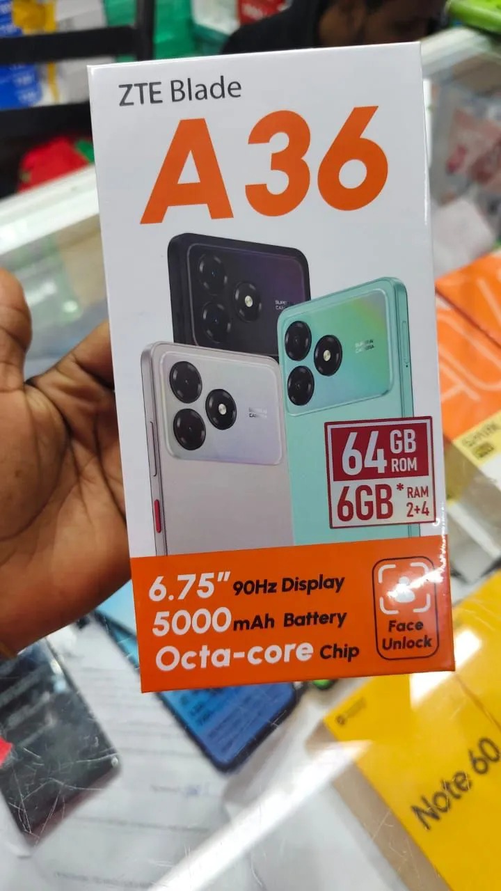 ZTE Blade A36 64GB ROM + 6GB (2+4GB EXTENDED RAM)6.75``HD+ screen display with 90Hz Refresh rate 13mp rear camera 5.0mp selfie 5000mAh battery capacity Dual SIM 4G Android 15 Smart Phones