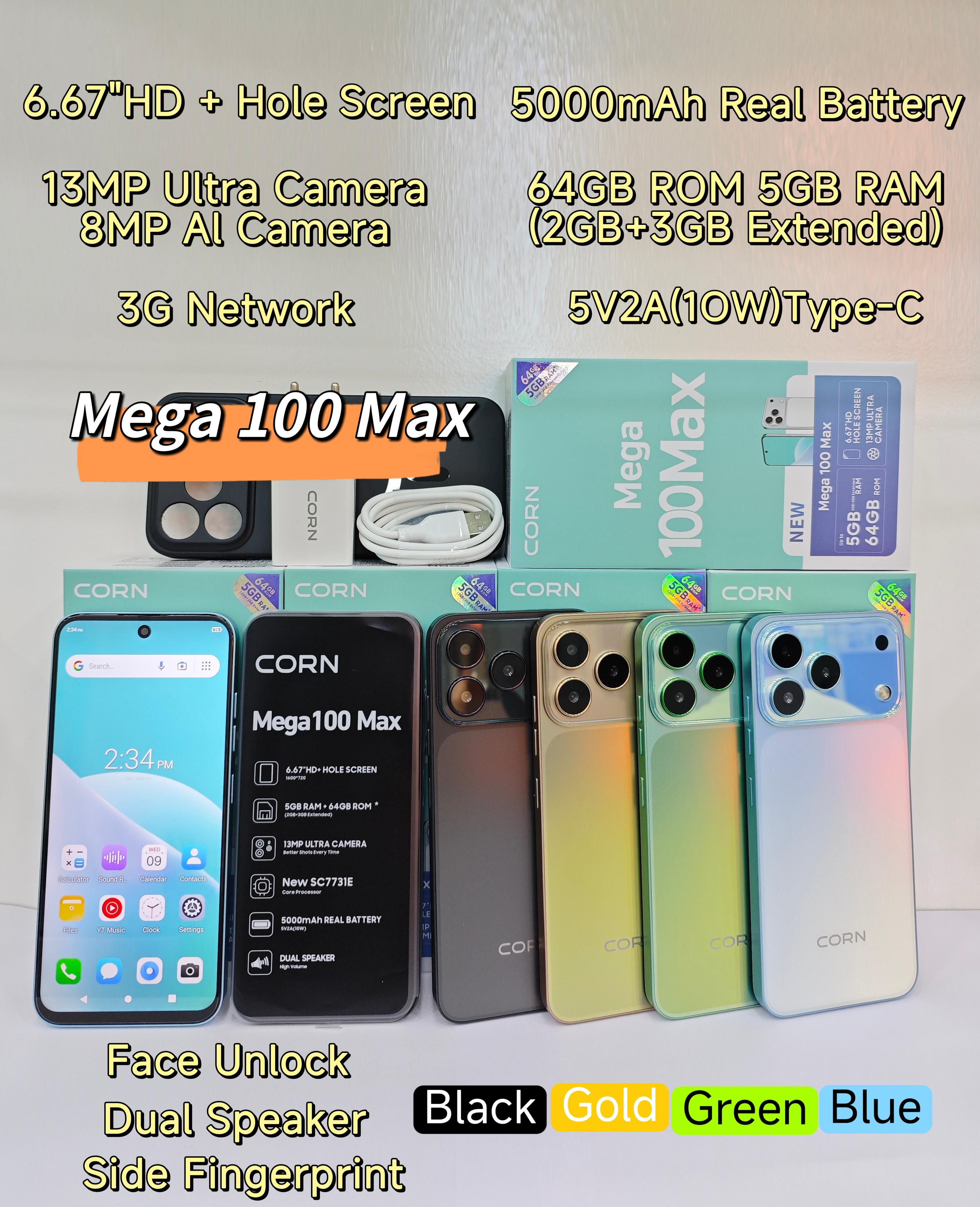 CORN MEGA 100 MAX 6.67"HD 64GB ROM, 5(2+3)GB RAM  5000mAh STRONG BATTERY DUAL SIM CARD SMART PHONE SIDE-MOUNTED FINGERPRINT FACE UNLOCK,13MP ULTRA CAMERA 8MP SELFIE CAMERA TYPE-C CHARGING