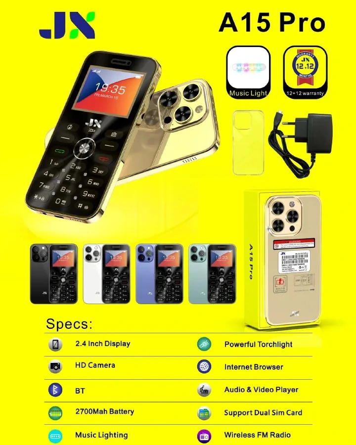 [NEW ARRIVAL!!!]JX A15 PRO 2.4 INCH SCREEN DISPLAY,HD CAMERA,BLUE TOOTH,VERY BIG BATTERY 2700MAH,WIRELESS FM,DUAL SIM CARD,INTERNET BROWSER,WARRANTY,TORCH,AUDIO & VIDEO PLAYER FEATURE PHONE
