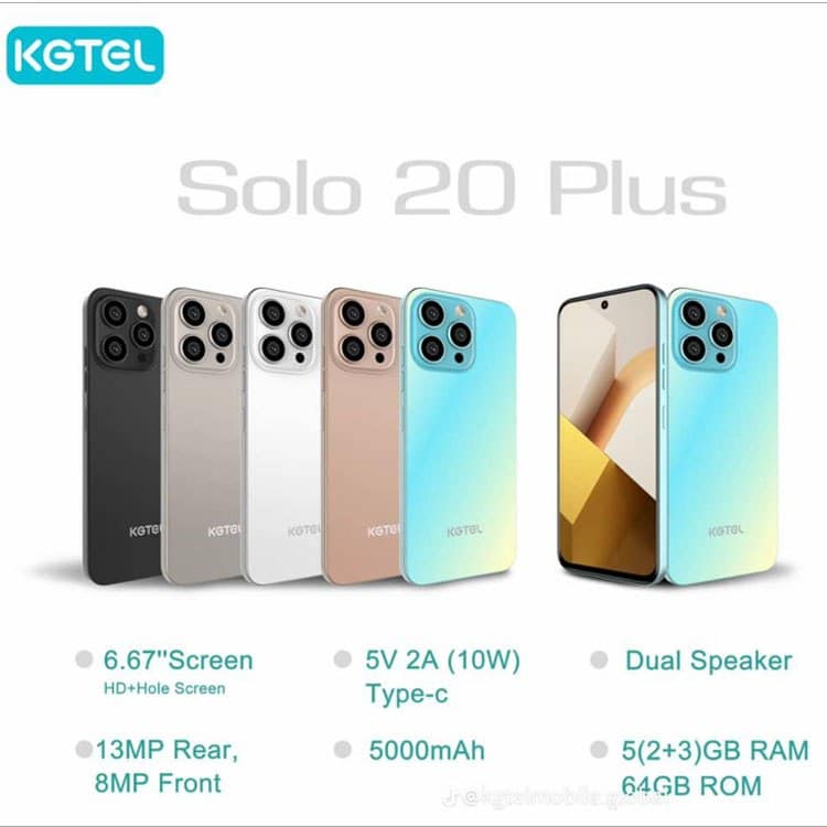 KGTEL SOLO 20 PLUS 64GB ROM+5GBRAM BATTERY 5000MAH SCREEN 6.67" NETWORK 2G/3G CAMERA REAR 13MP+FRONT 8MP FACE UNLOCK SIDE MOUNTED FINGERPRINT SMART PHONES