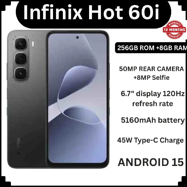 (NEW ARRIVALS!!)Infinix Hot 60i 256GB+8GB 6.7" 120Hz Screen 4G Phone Dual SIM 5160mAh Battery 45W Charging 50MP Camera Fingerprint Lock Android 15 G81 Smart AI smart Phones